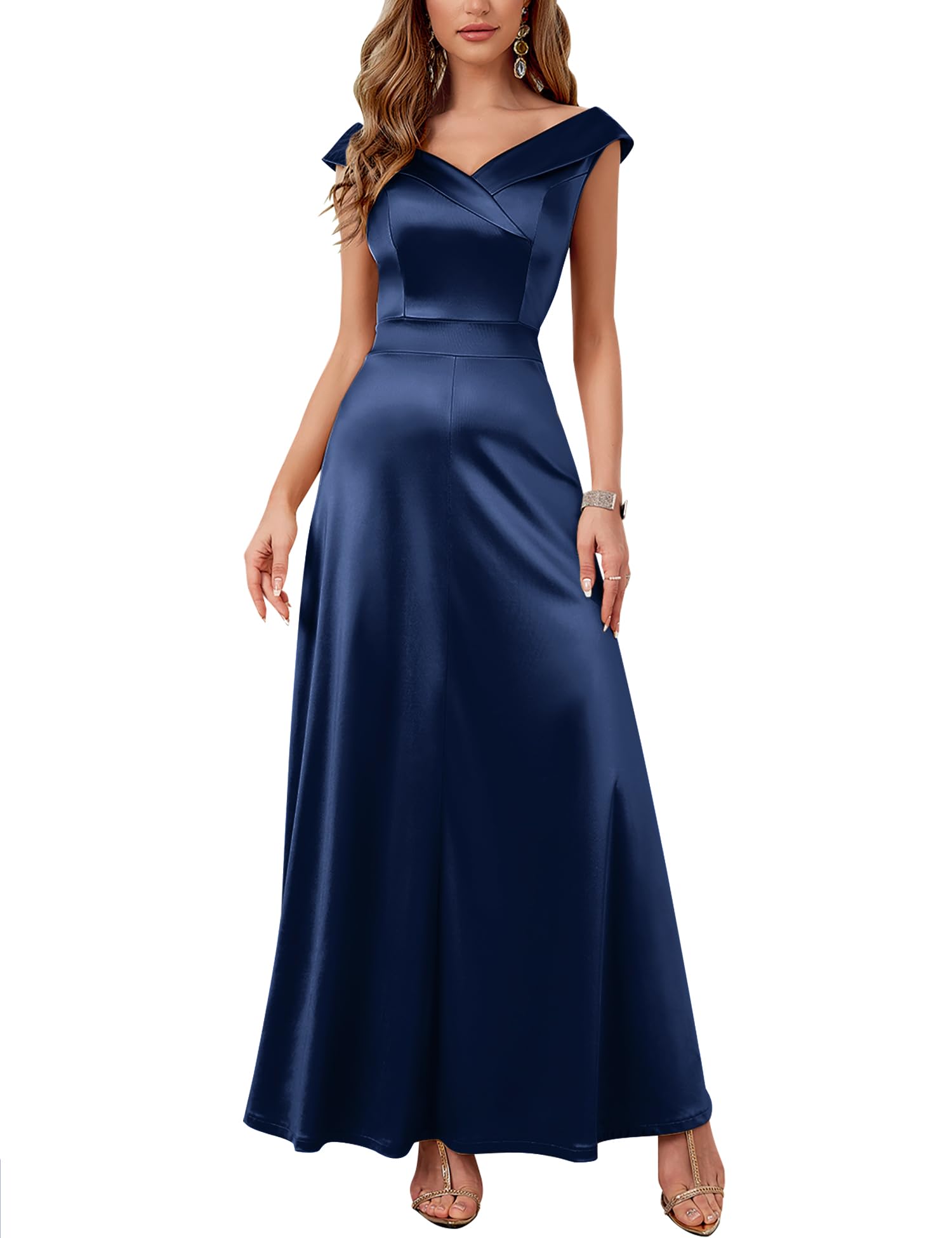 Navy Blue Women's Vintage 1950s V Neck Satin Cocktail Prom Floor Length Dress