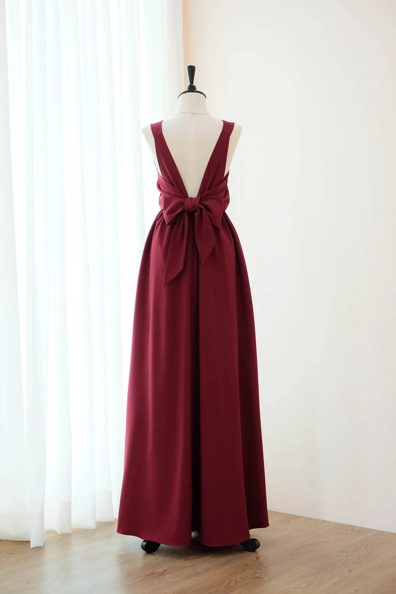 Burgundy maxi dress Backless bridesmaid dress Long party Prom dress