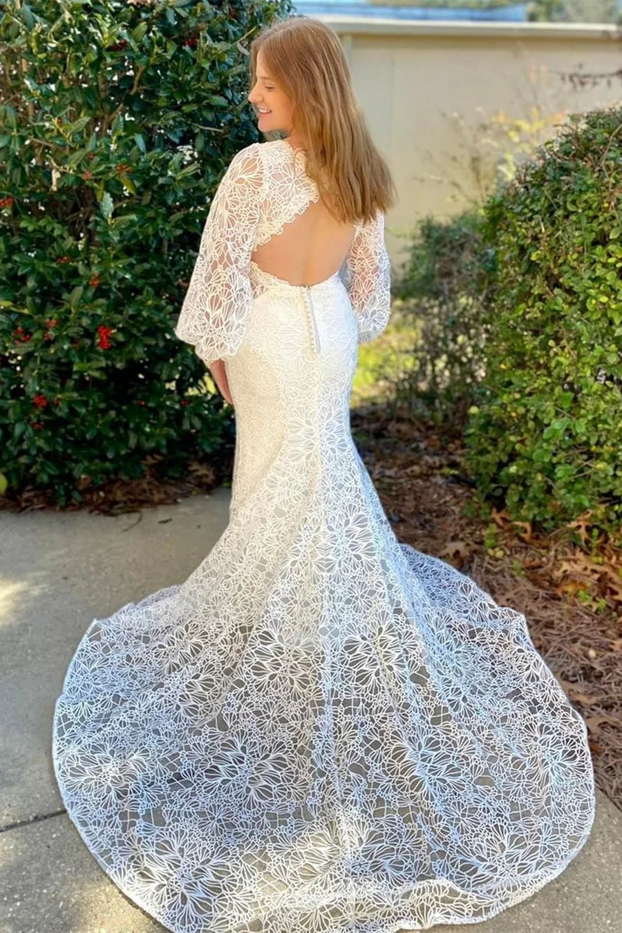 Lace Long Sleeve Backless Mermaid Wedding Dress