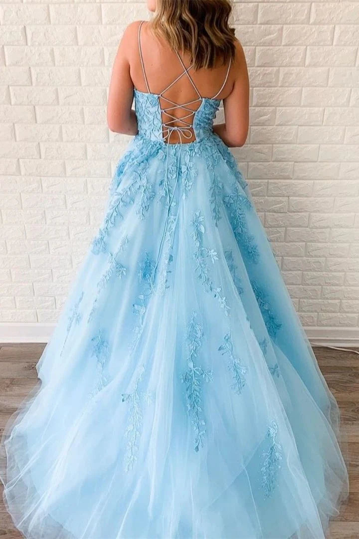 Blue Appliques A-line Long Formal Dress