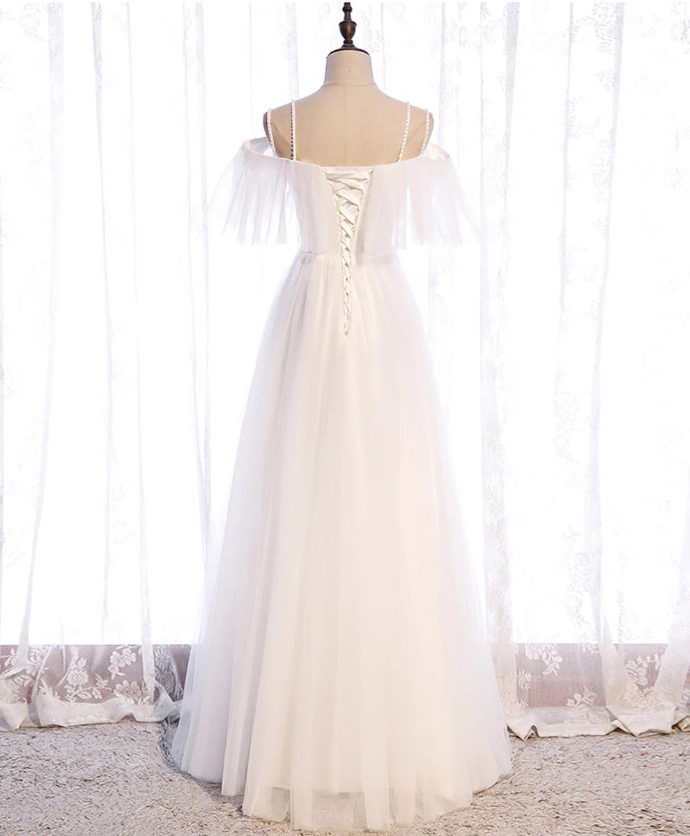 Sweetheart Tulle Long Prom Dress White Bridesmaid Dress