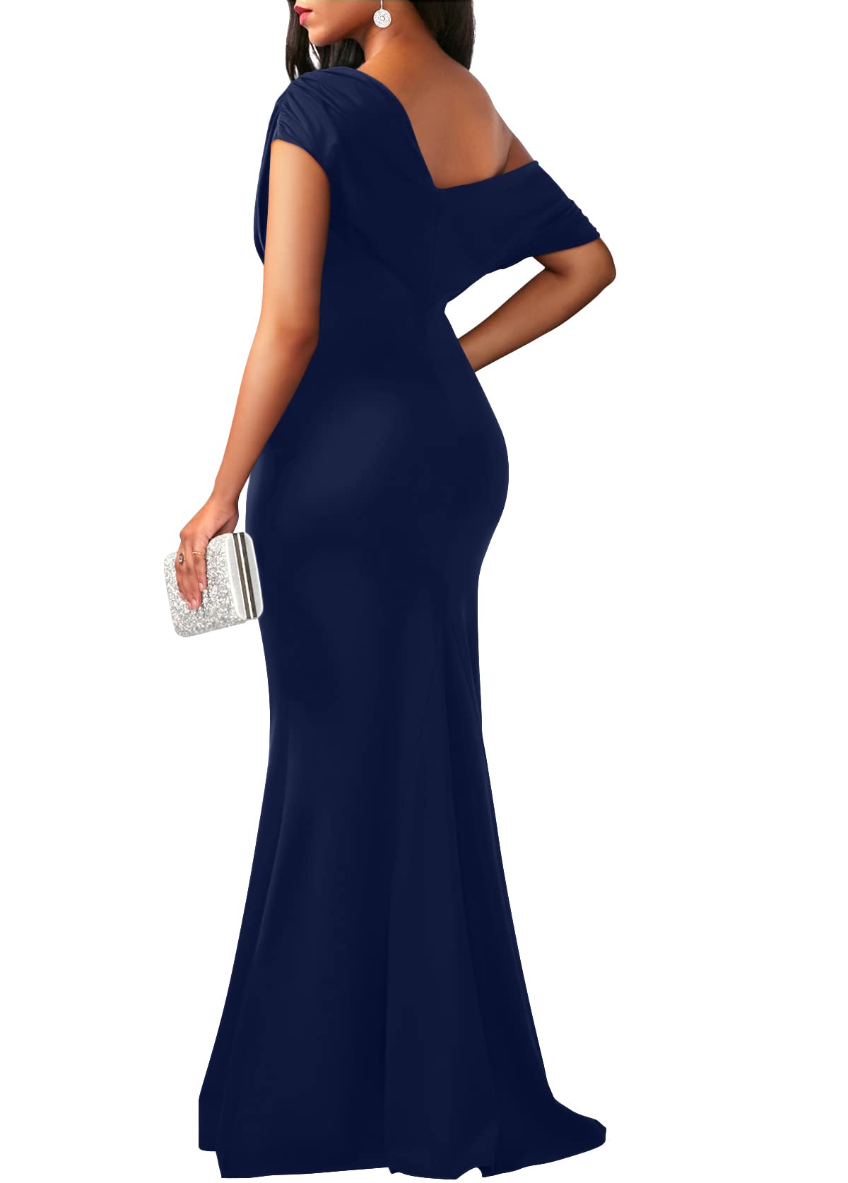 Navy Women's Elegant Sleeveless Off Shoulder Bodycon Long Formal Prom Dress