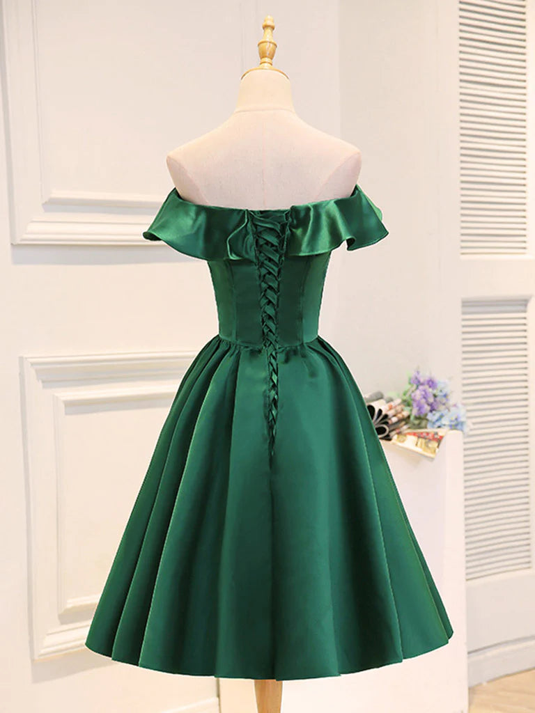 A-Line Satin Green Short Prom Dress Green Homecoming Dress