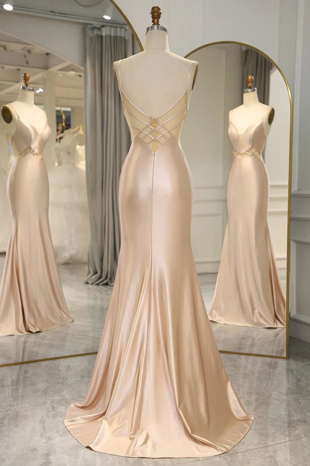 Champagne Spaghetti Straps Long Mermaid Satin Prom Dress