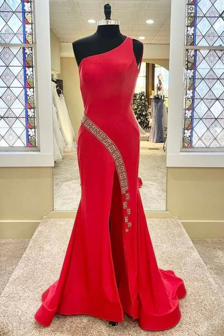 Satin Beaded One-Shoulder Backless Long Formal Dress