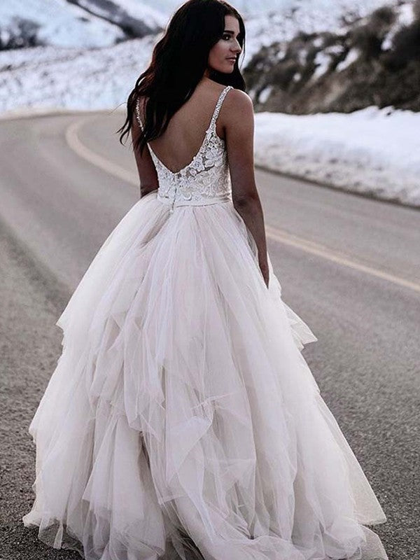 A-Line/Princess Ruched Tulle V-neck Sleeveless Floor-Length Wedding Dresses