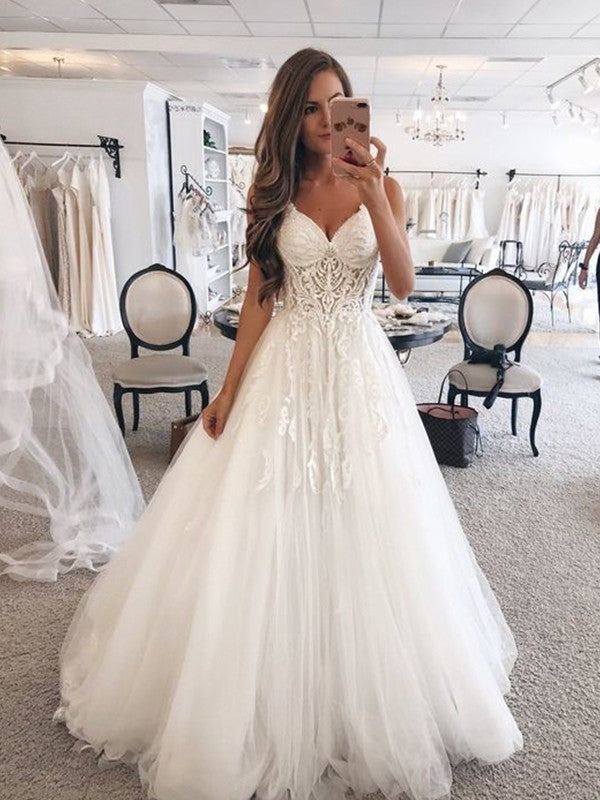 A-Line/Princess Sweetheart Sleeveless Floor-Length Lace Tulle Wedding Dresses