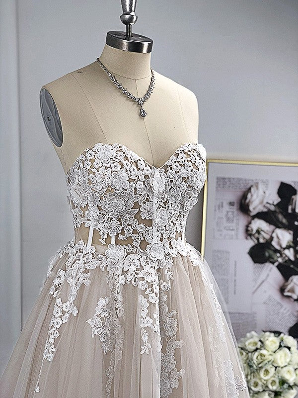 A-Line/Princess Tulle Applique Sweetheart Sleeveless Sweep/Brush Train Wedding Dresses