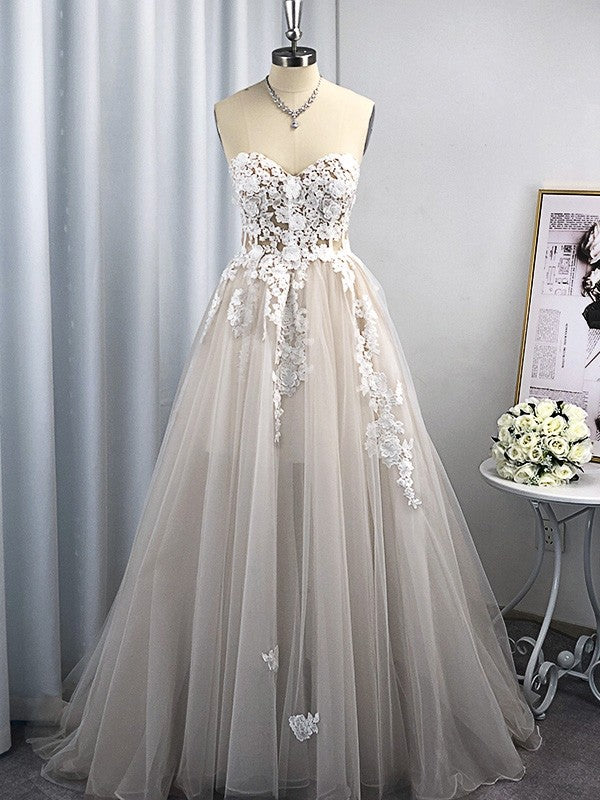 A-Line/Princess Tulle Applique Sweetheart Sleeveless Sweep/Brush Train Wedding Dresses