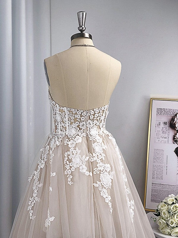 A-Line/Princess Tulle Applique Sweetheart Sleeveless Sweep/Brush Train Wedding Dresses