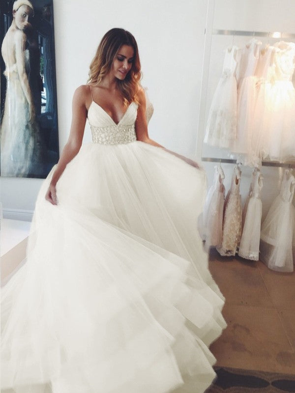 Ball Gown Spaghetti Straps Sleeveless Crystal Court Train Tulle Wedding Dresses