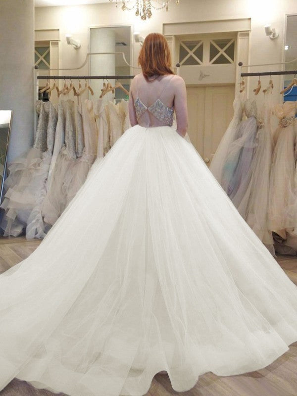 Ball Gown Spaghetti Straps Sleeveless Crystal Court Train Tulle Wedding Dresses