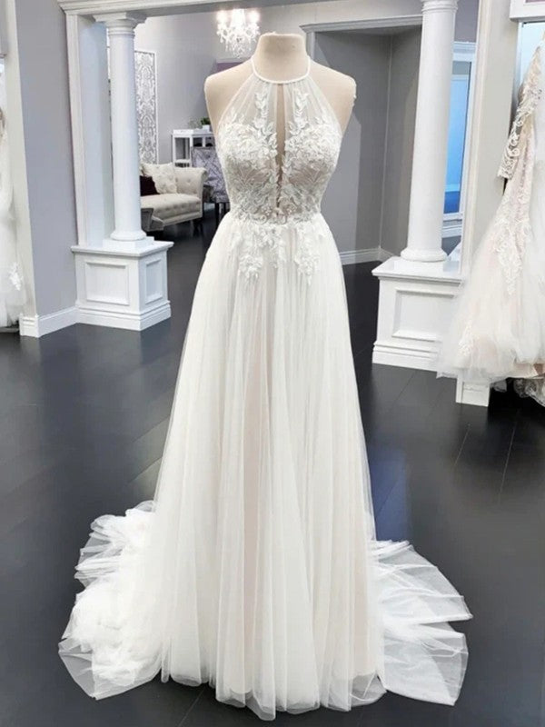 A-Line/Princess Tulle Applique Halter Sleeveless Sweep/Brush Train Wedding Dresses