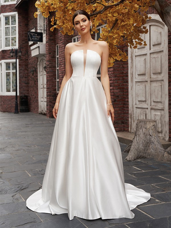 A-Line/Princess Strapless Satin Sleeveless Ruffles Sweep/Brush Train Wedding Dresses