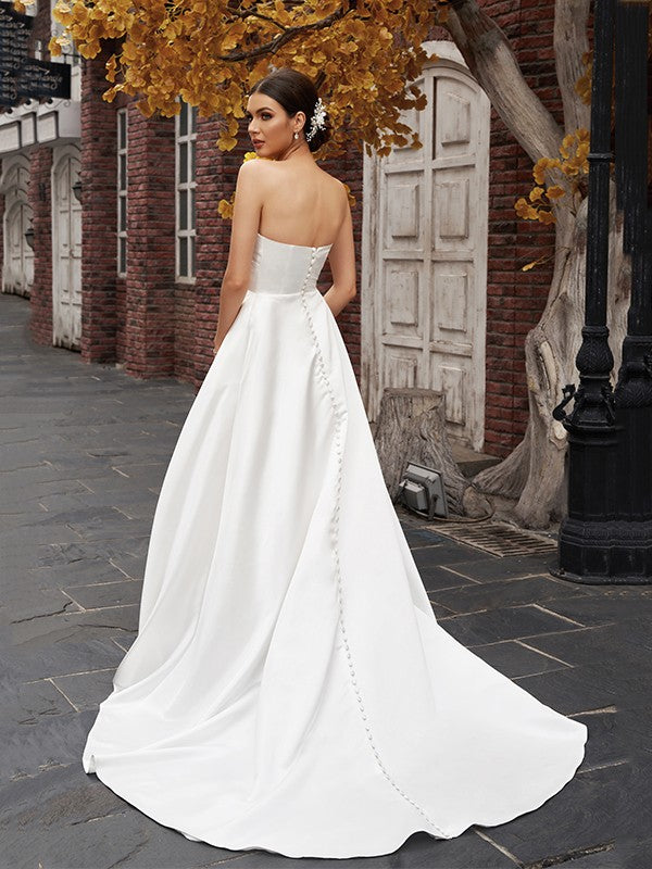 A-Line/Princess Strapless Satin Sleeveless Ruffles Sweep/Brush Train Wedding Dresses