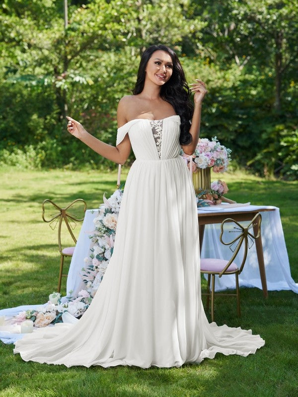 A-Line/Princess Chiffon Ruffles Off-the-Shoulder Sleeveless Sweep/Brush Train Wedding Dresses