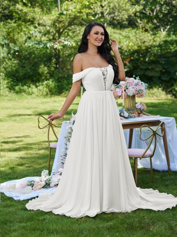 A-Line/Princess Chiffon Ruffles Off-the-Shoulder Sleeveless Sweep/Brush Train Wedding Dresses