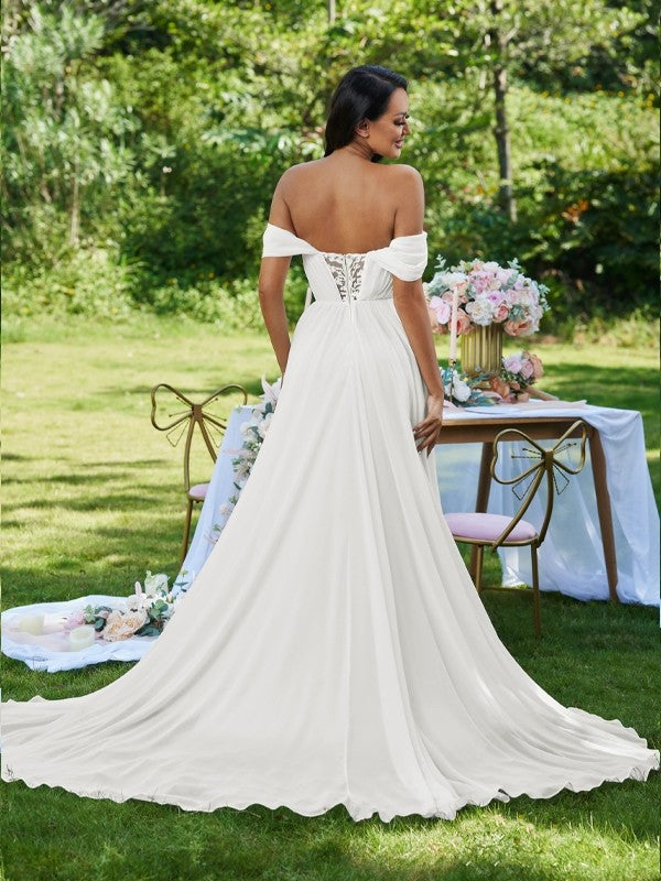 A-Line/Princess Chiffon Ruffles Off-the-Shoulder Sleeveless Sweep/Brush Train Wedding Dresses
