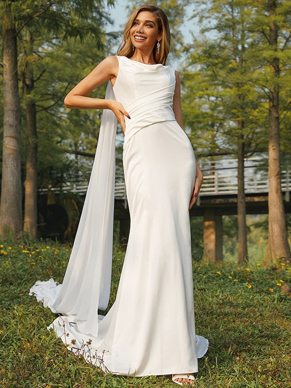 Sheath/Column NS Elastic Woven Satin Ruched Scoop Sleeveless Sweep/Brush Train Wedding Dresses