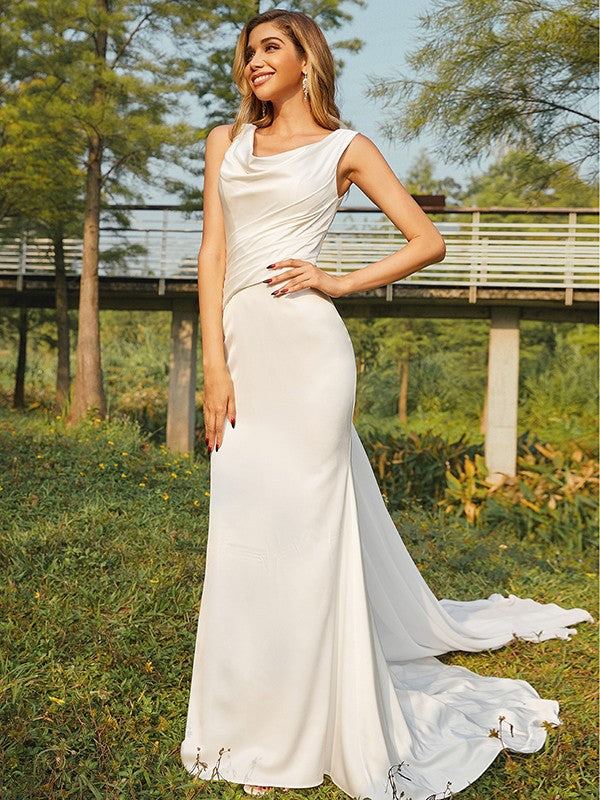Sheath/Column NS Elastic Woven Satin Ruched Scoop Sleeveless Sweep/Brush Train Wedding Dresses