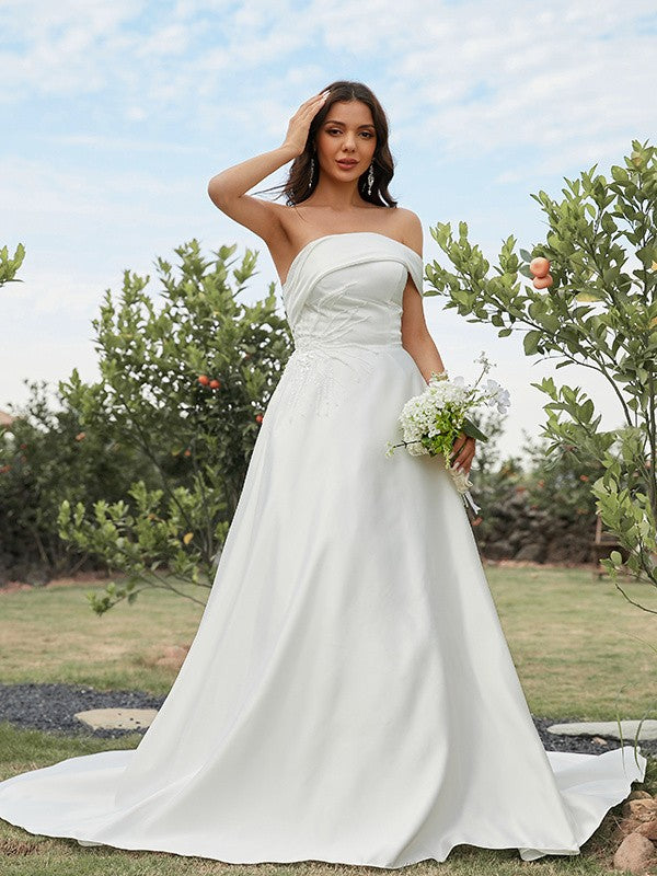 A-Line/Princess Satin Ruched Strapless Sleeveless Sweep/Brush Train Wedding Dresses