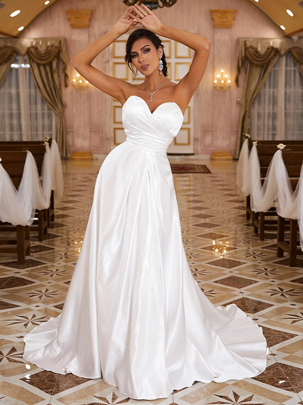 A-Line/Princess Satin Ruched Sweetheart Sleeveless Sweep/Brush Train Wedding Dresses