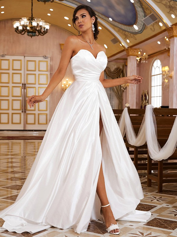 A-Line/Princess Satin Ruched Sweetheart Sleeveless Sweep/Brush Train Wedding Dresses