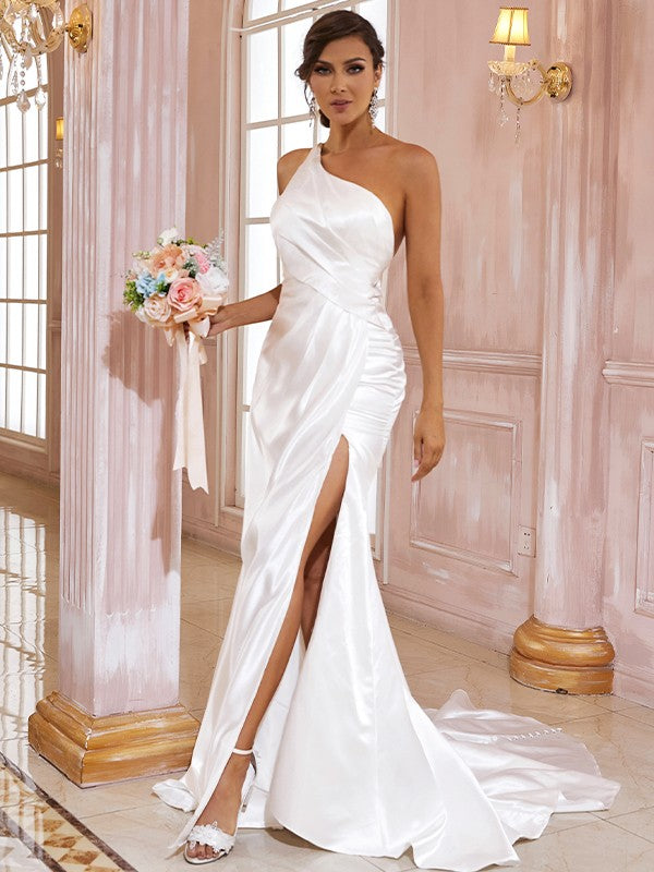 Sheath/Column Satin Ruched One-Shoulder Sleeveless Sweep/Brush Train Wedding Dresses