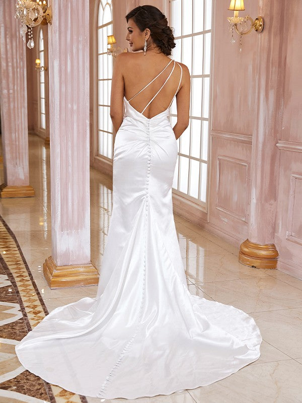Sheath/Column Satin Ruched One-Shoulder Sleeveless Sweep/Brush Train Wedding Dresses