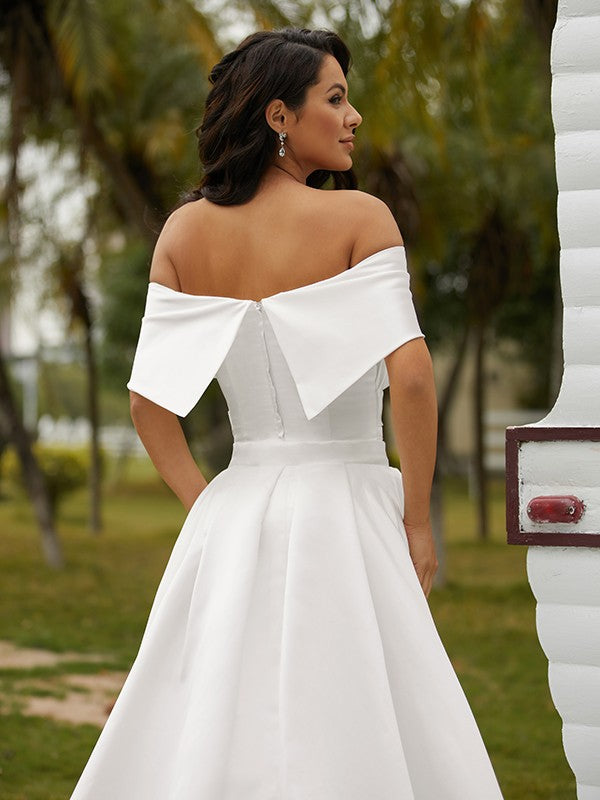 Sheath/Column Satin Ruched Off-the-Shoulder Sleeveless Chapel Train Wedding Dresses