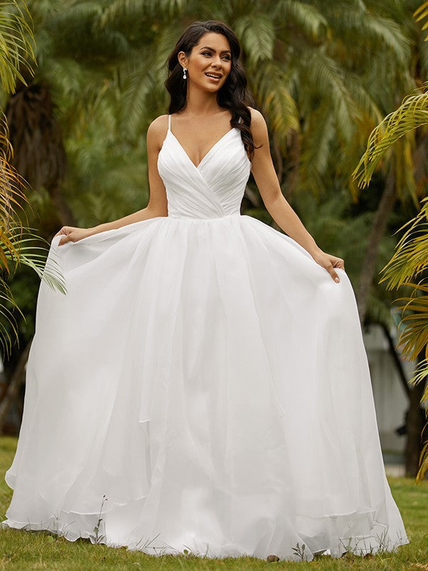 Ball Gown Satin Ruffles V-neck Sleeveless Sweep/Brush Train Wedding Dresses