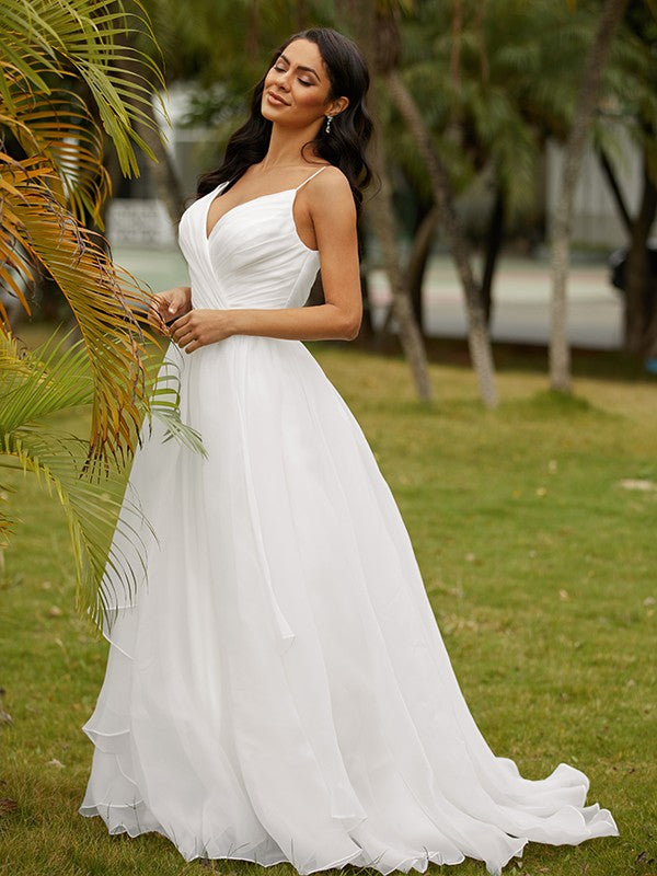 Ball Gown Satin Ruffles V-neck Sleeveless Sweep/Brush Train Wedding Dresses