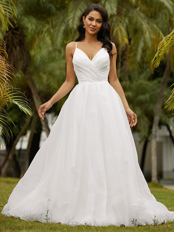Ball Gown Satin Ruffles V-neck Sleeveless Sweep/Brush Train Wedding Dresses