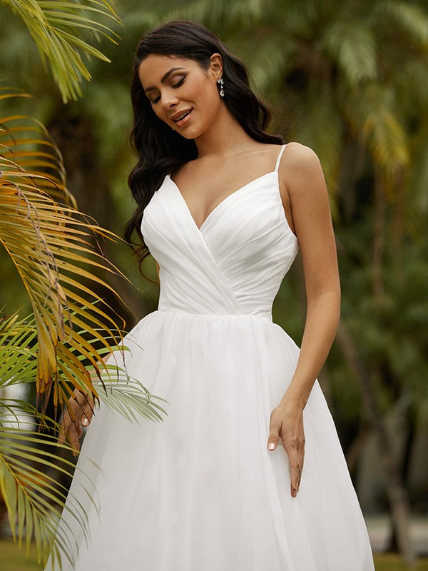 Ball Gown Satin Ruffles V-neck Sleeveless Sweep/Brush Train Wedding Dresses