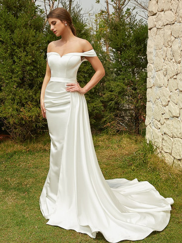 Sheath/Column Charmeuse Ruched Off-the-Shoulder Sleeveless Court Train Wedding Dresses