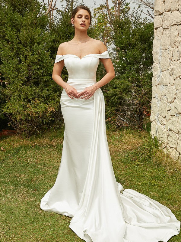 Sheath/Column Charmeuse Ruched Off-the-Shoulder Sleeveless Court Train Wedding Dresses