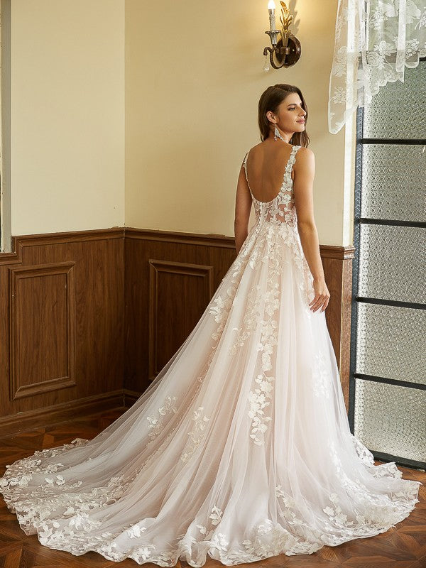 A-Line/Princess Tulle Applique Straps Sleeveless Court Train Wedding Dresses