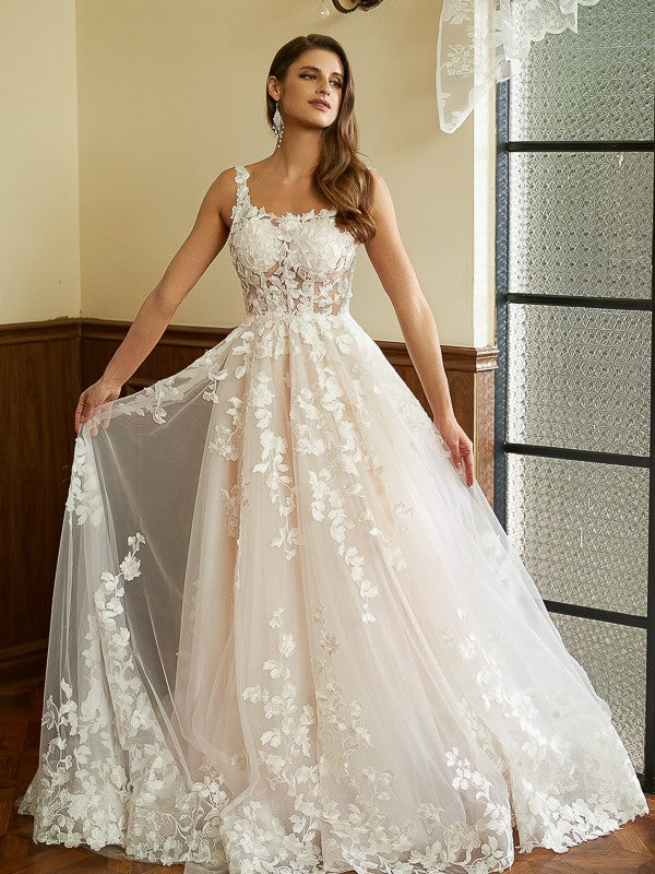 A-Line/Princess Tulle Applique Straps Sleeveless Court Train Wedding Dresses