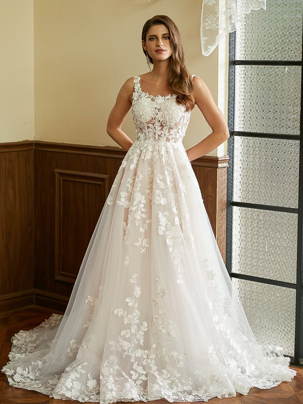 A-Line/Princess Tulle Applique Straps Sleeveless Court Train Wedding Dresses