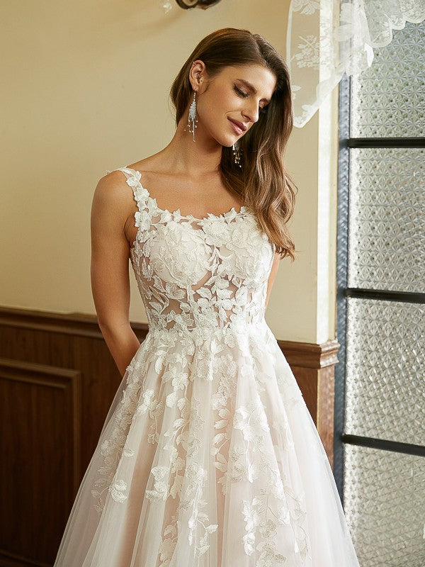 A-Line/Princess Tulle Applique Straps Sleeveless Court Train Wedding Dresses