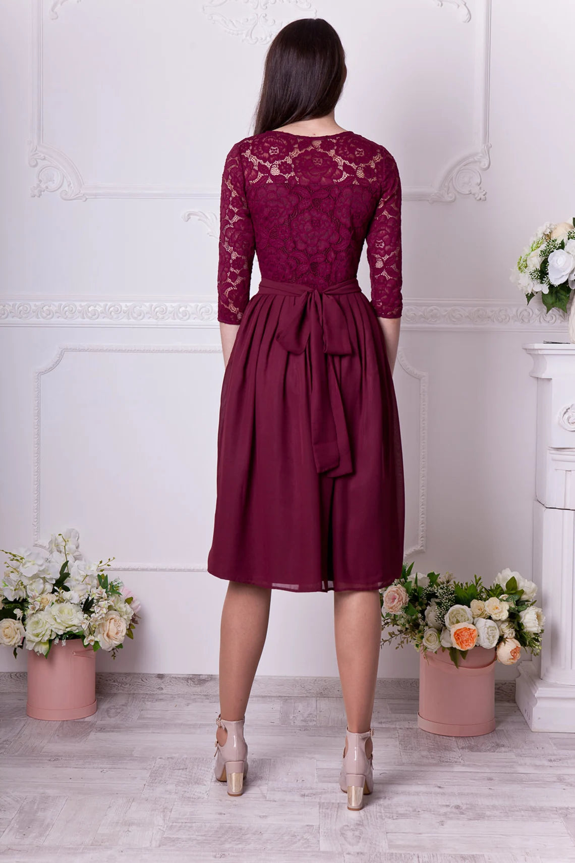 Short burgundy dress with sleeves Prom lace dress knee length Burgundy cocktail dress