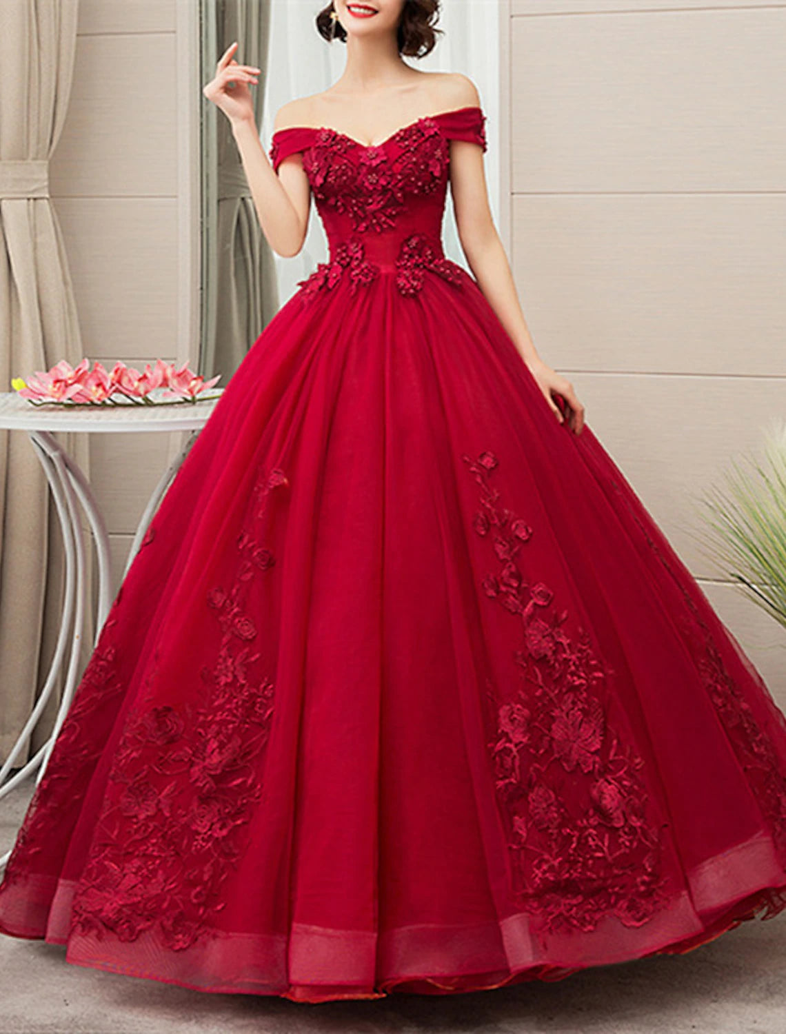 Ball Gown Quinceanera Dresses Princess Dress Red Green Dress Quinceanera Floor Length Sleeveless Off Shoulder Polyester with Appliques