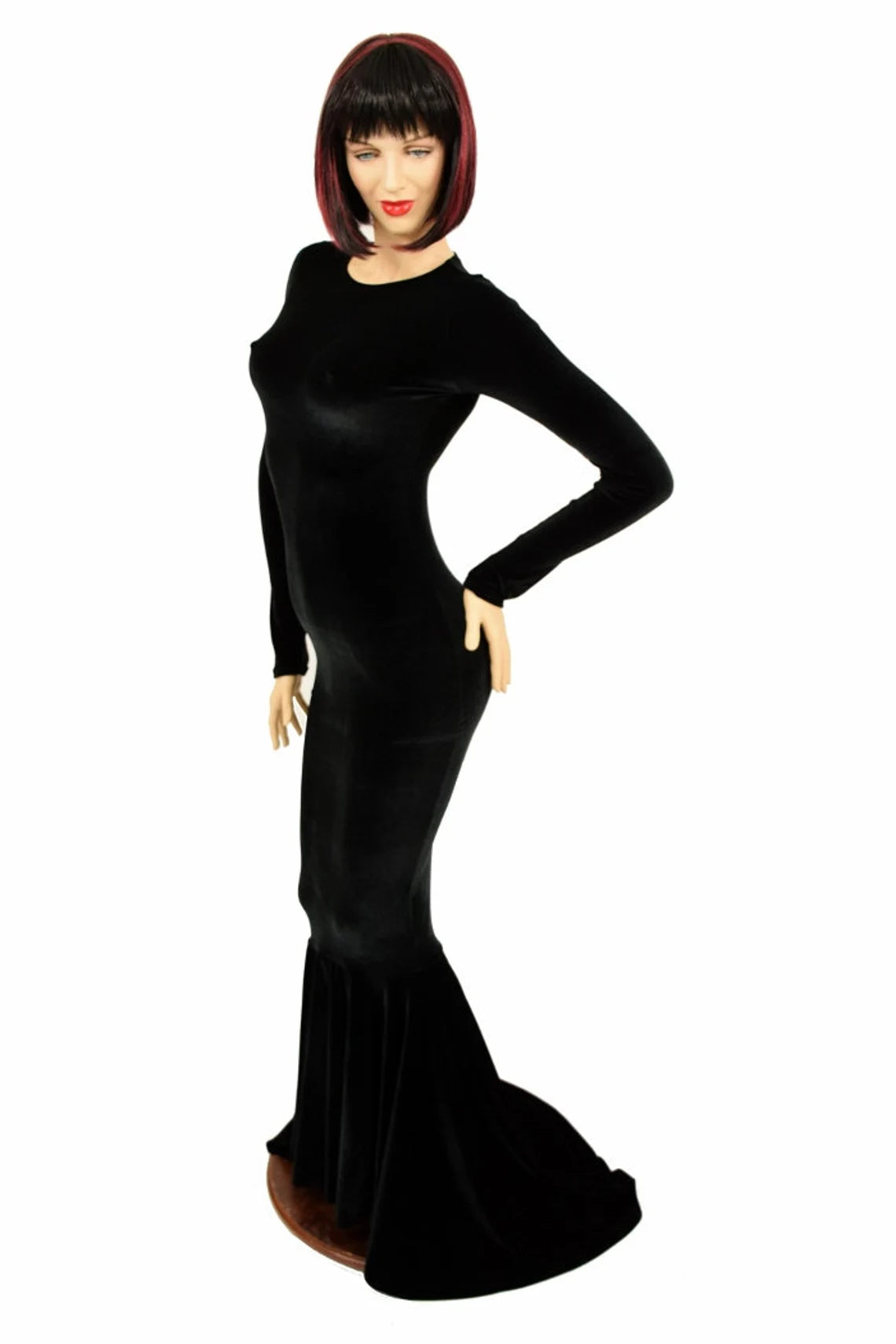 Bewitching Long Black Velvet Gown with Crew Neckline Long Sleeves and Puddle Train