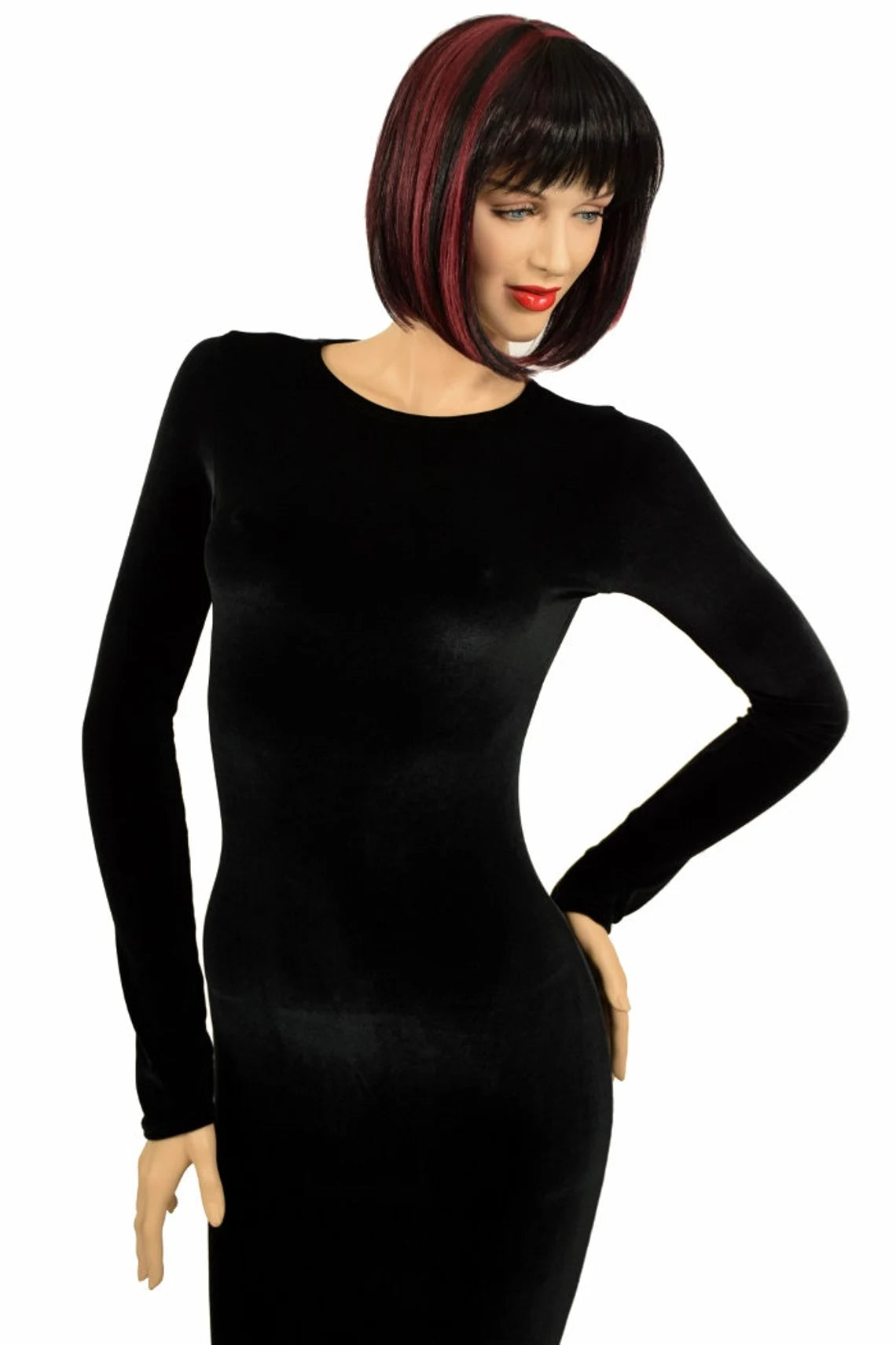 Bewitching Long Black Velvet Gown with Crew Neckline Long Sleeves and Puddle Train