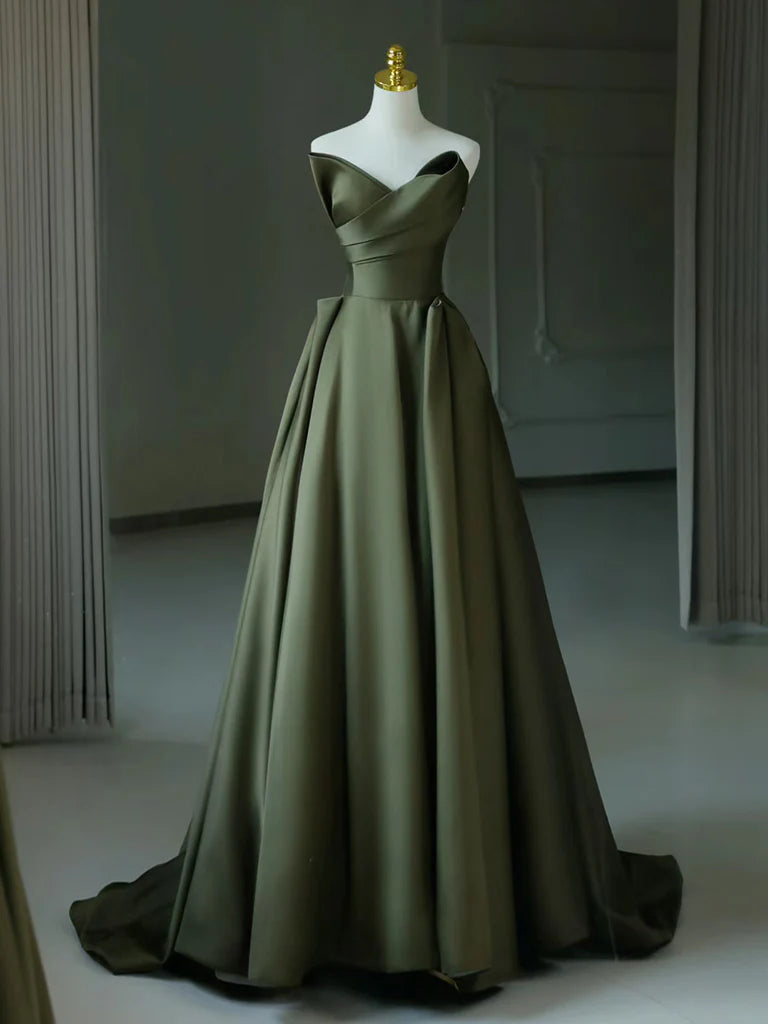 A-Line V Neck Satin Green Long Prom Dress