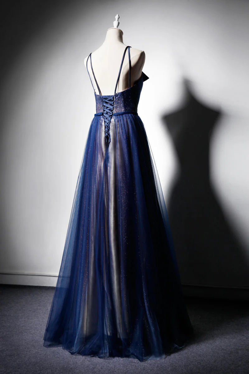 Dark blue tulle long prom dress dark blue evening dress
