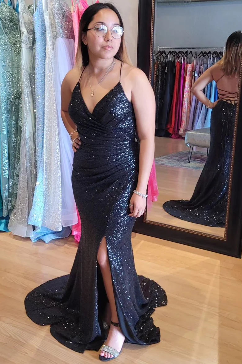 Sequin Surplice Lace-Up Mermaid Long Prom Dress with Slit