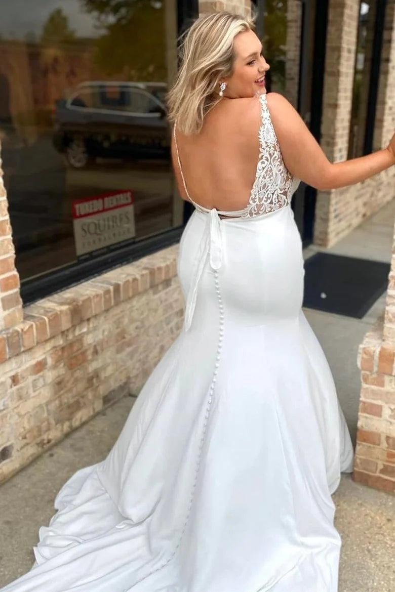 Square Neck Backless Trumpet Wedding Dress