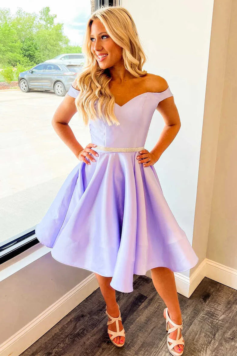 Lavender Off-the-Shoulder Short Homecoming Dress