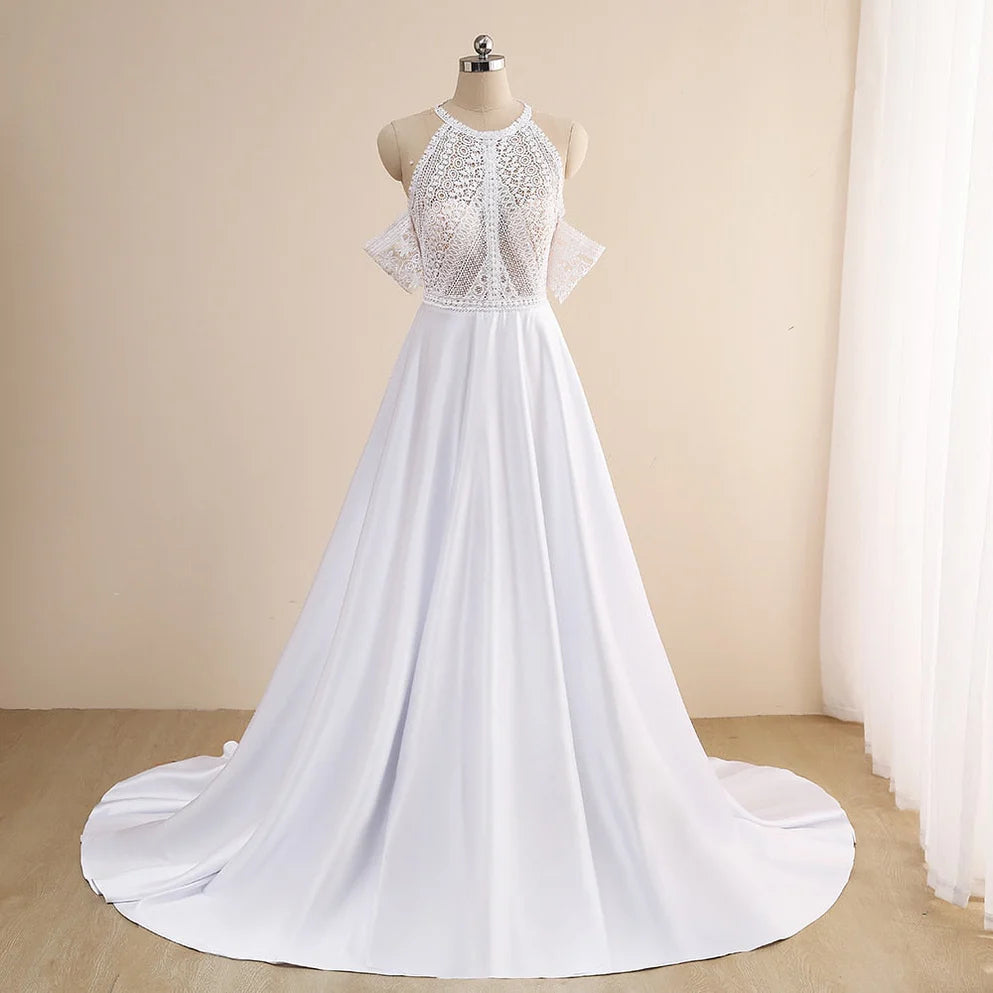 A-Line Wedding Dresses Sexy Illusion O Neck Off Shoulder Button Cut-Out Lace Appliqued New Long Bridal Gowns Custom